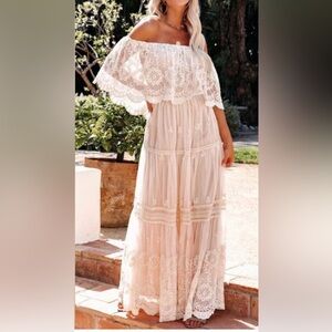 Vici Blush Pink Off-Shoulder Lace Maxi Dress